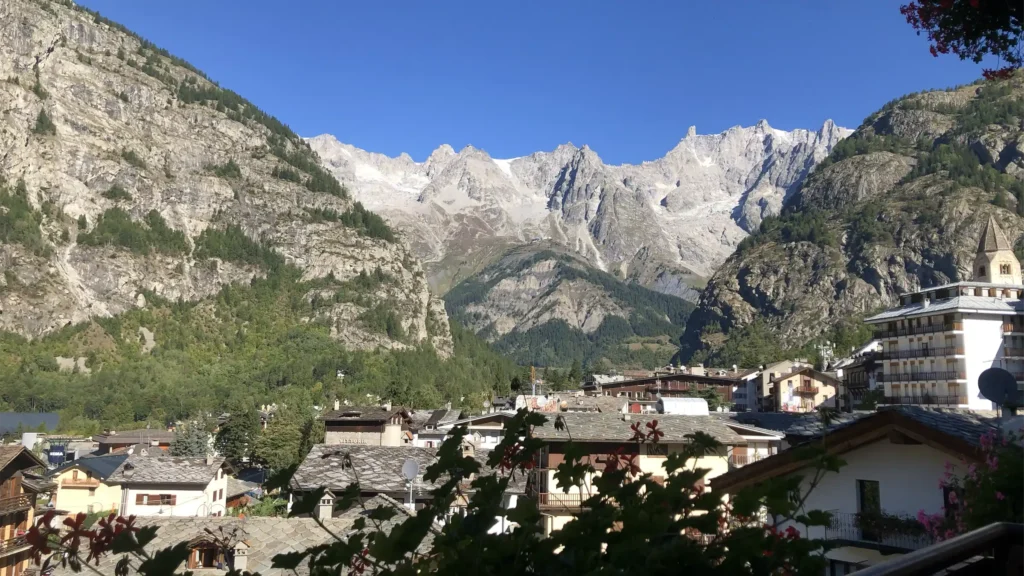 View over Courmayeur and the Mont Blanc massif on the Italian stage of the Tour du Mont Blanc.