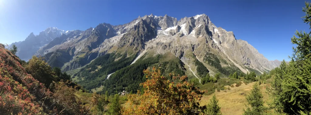 Panoramic view of the Mont Blanc massif on the Tour du Mont Blanc trail.